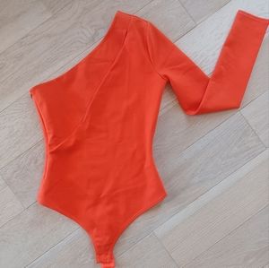 Bodysuit orange NBD with cleavage slit tight slimming xs small romper jumpsuit